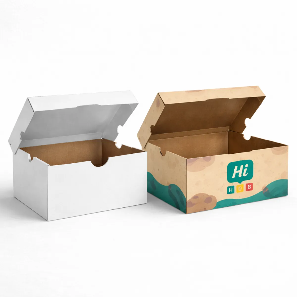 Two cardboard shoe boxes- one plain white and one with a colourful patterned branding design-
